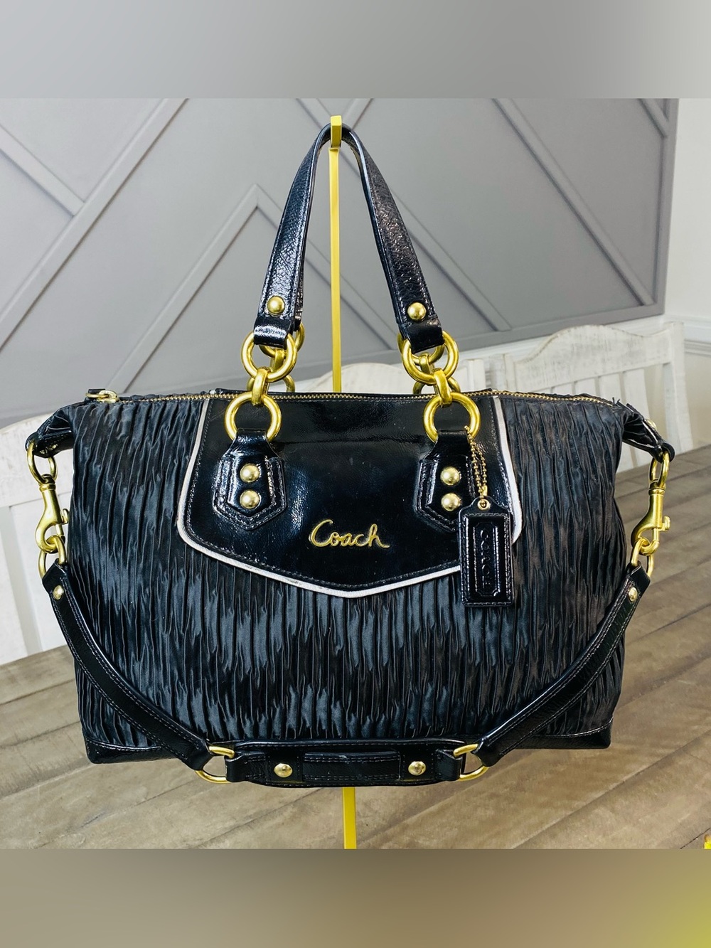 Coach Ashley Black Gathered Sateen Convertible Satchel Handbag | F20084